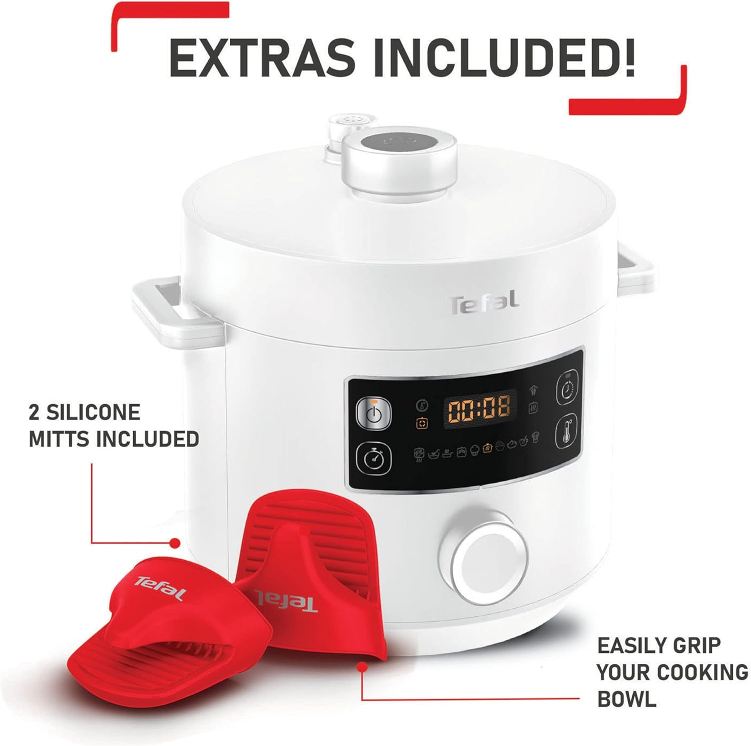 Tefal Turbo Cuisine. 4.8L Electric Pressure Cooker with mitts, 10 Programmes inc. stew, steam, bake, slow cooker, Rice cooker, 4.8L, 1000 W, Plastic, White, CY756140-6