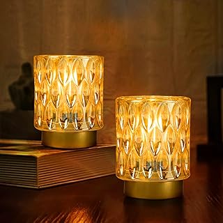 Premier Night Light Battery, Set of 2 Mini Battery Operated Table Lamp, 12cmH Glamour Mobile Glass Night Light, Amber Led Lights for Bedroom, 6H Timer (2-Pack)