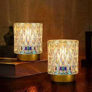 Premier Battery Operated Bedside Lamps, Set of 2 Mini Glass Table Lamps, 12cmH Glamour Mobile Night Light Timer Function 6H, Pearl Pair Lamps for Bedroom, Glass Shade Brass Base