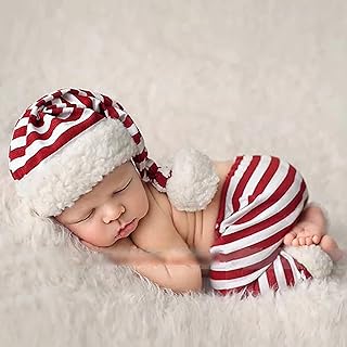 Ruspela Newborn Photography Props Outfits Red White Stripe Christmas Baby Photo Shoot Costume Hat Shorts Set for Infant Boy Girl Photoshoot Prop