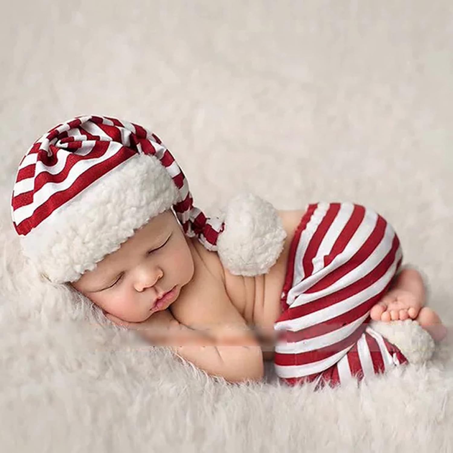 Ruspela Newborn Photography Props Outfits Red White Stripe Christmas Baby Photo Shoot Costume Hat Shorts Set for Infant Boy Girl Photoshoot Prop-0