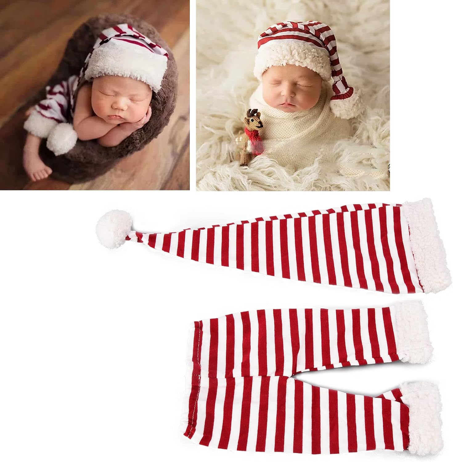 Ruspela Newborn Photography Props Outfits Red White Stripe Christmas Baby Photo Shoot Costume Hat Shorts Set for Infant Boy Girl Photoshoot Prop-2