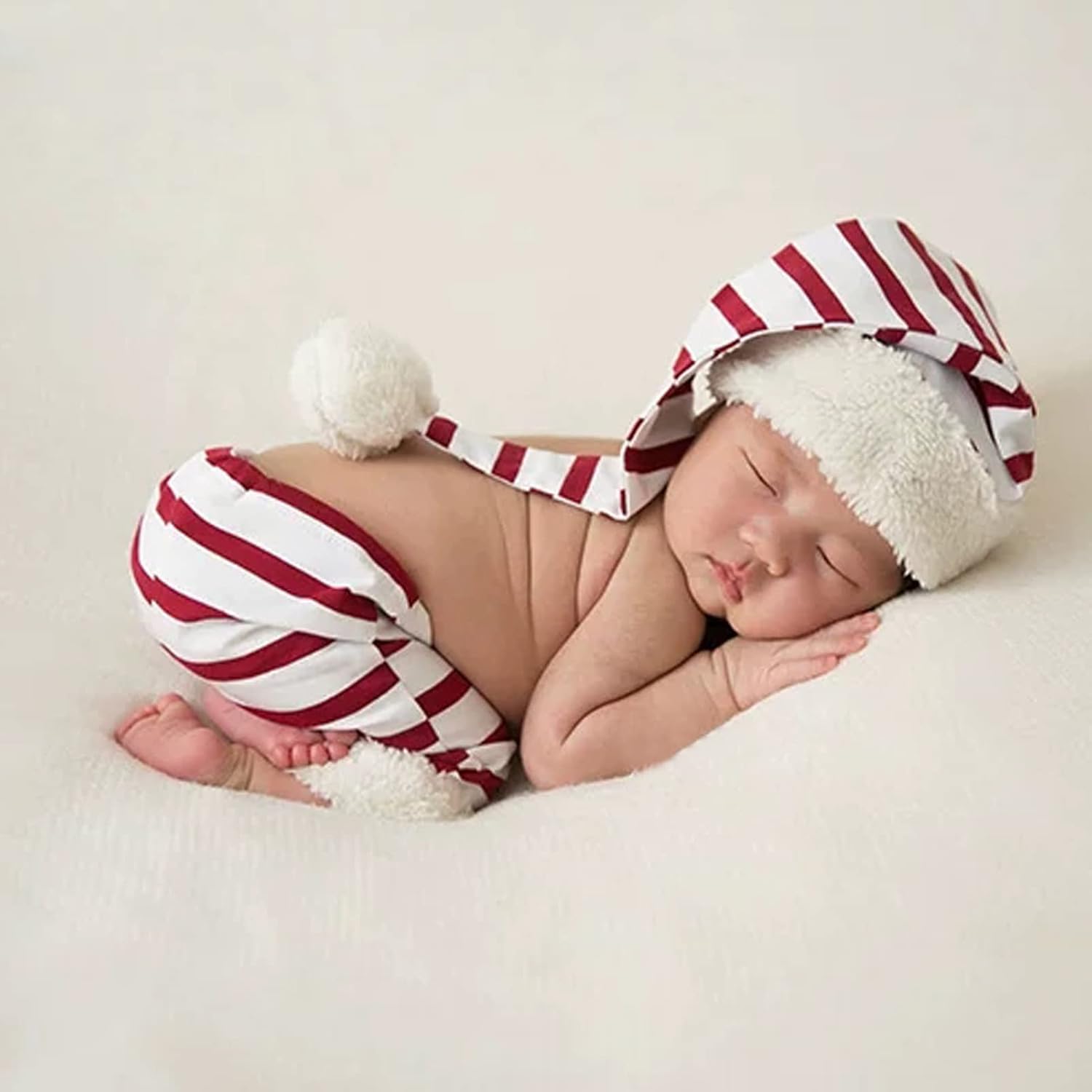 Ruspela Newborn Photography Props Outfits Red White Stripe Christmas Baby Photo Shoot Costume Hat Shorts Set for Infant Boy Girl Photoshoot Prop-5