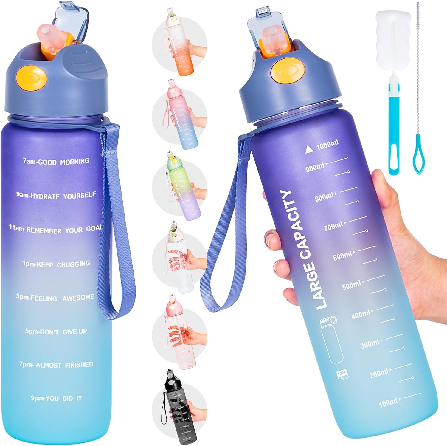 Water Bottle 1L, Sports Water Bottle with Straw & Time Maker, Drinks Bottle with Bottle Brush and Filter, Leak-proof, BPA-free Plastic Drink Bottle for Running Gym Cycling Office and School (Purple)-0