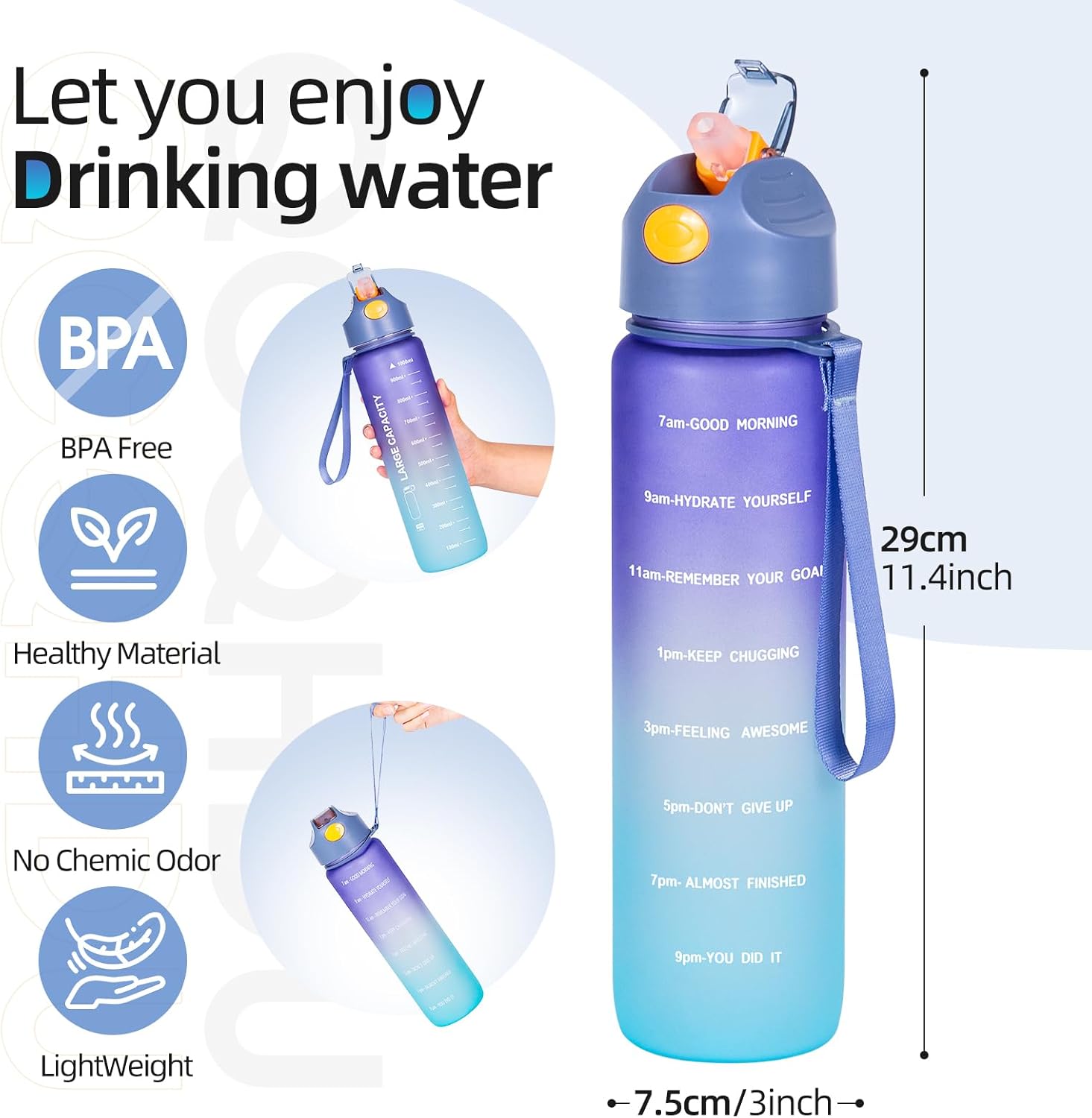 Water Bottle 1L, Sports Water Bottle with Straw & Time Maker, Drinks Bottle with Bottle Brush and Filter, Leak-proof, BPA-free Plastic Drink Bottle for Running Gym Cycling Office and School (Purple)-1