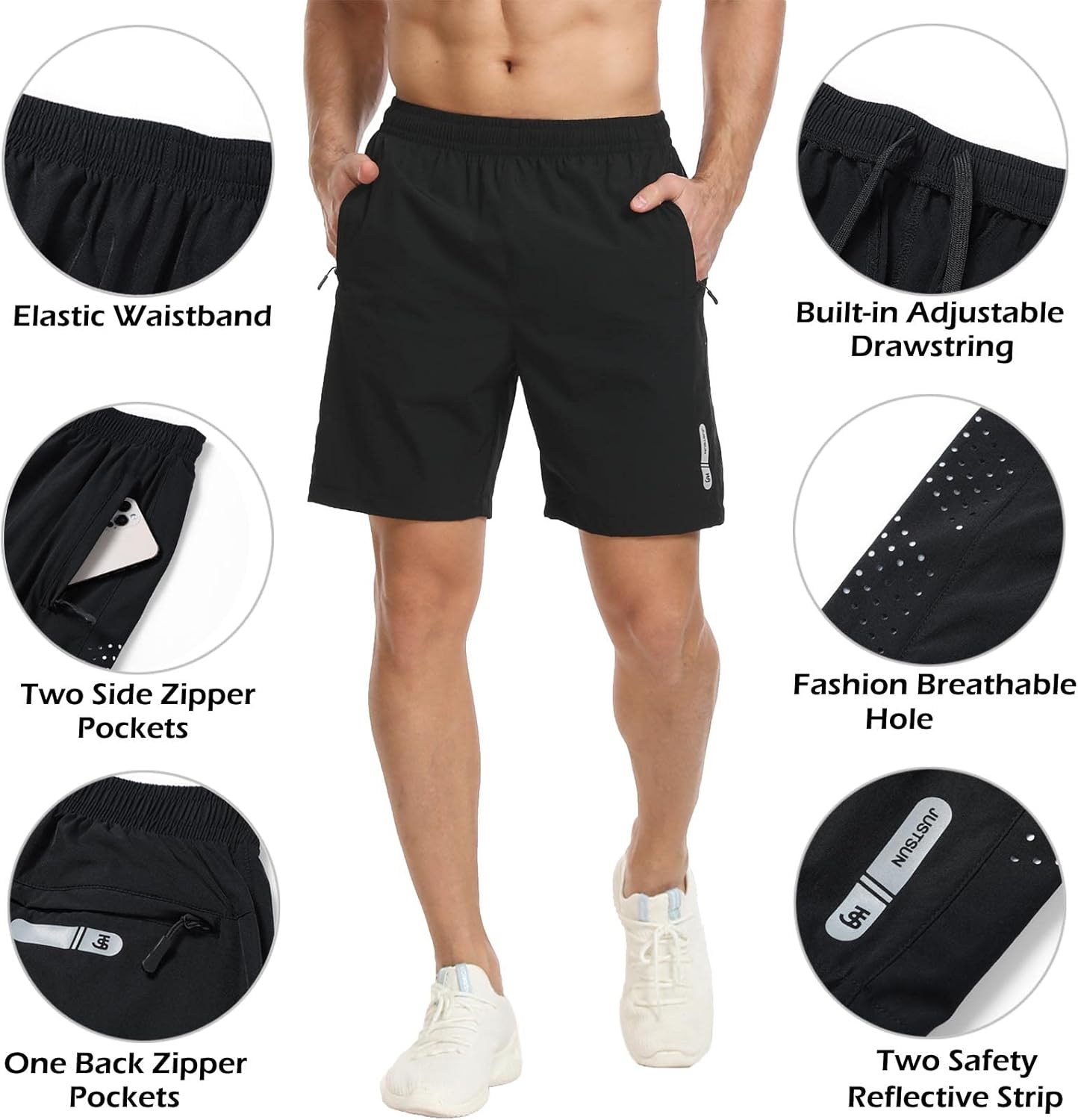 JustSun Mens Shorts with Zip Pockets Gym Running Quick Dry Lightweight Casual Shorts-1