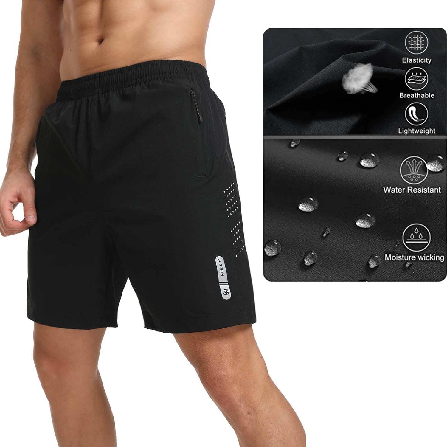 JustSun Mens Shorts with Zip Pockets Gym Running Quick Dry Lightweight Casual Shorts-2