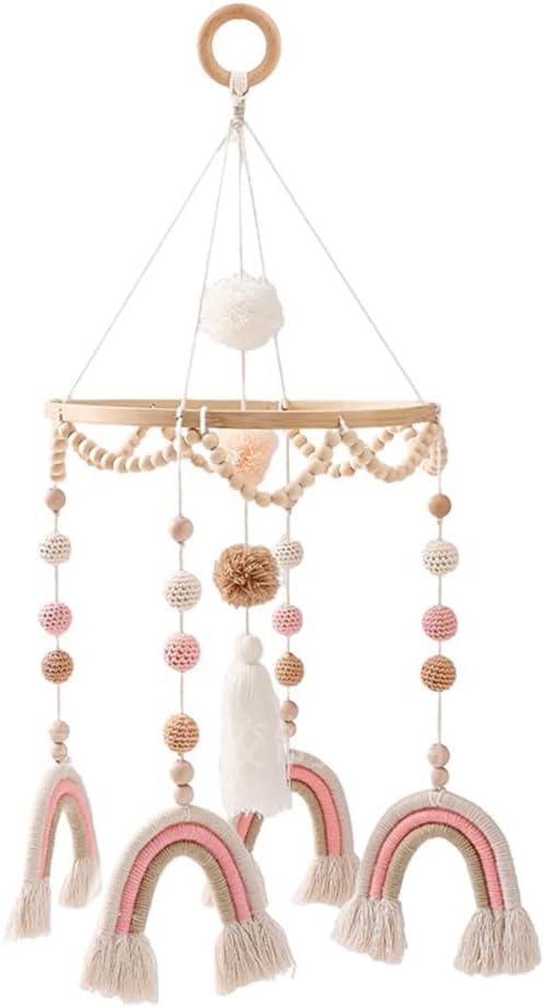 LICHENGTAI Cot Mobile Baby Wind Chime, Rainbow Baby Mobile with PomPom Nursery Bed Bell Wind Chime Hanging Mobile Wind Chime for Cot Cot, Gift for Baby Girls Boys-0