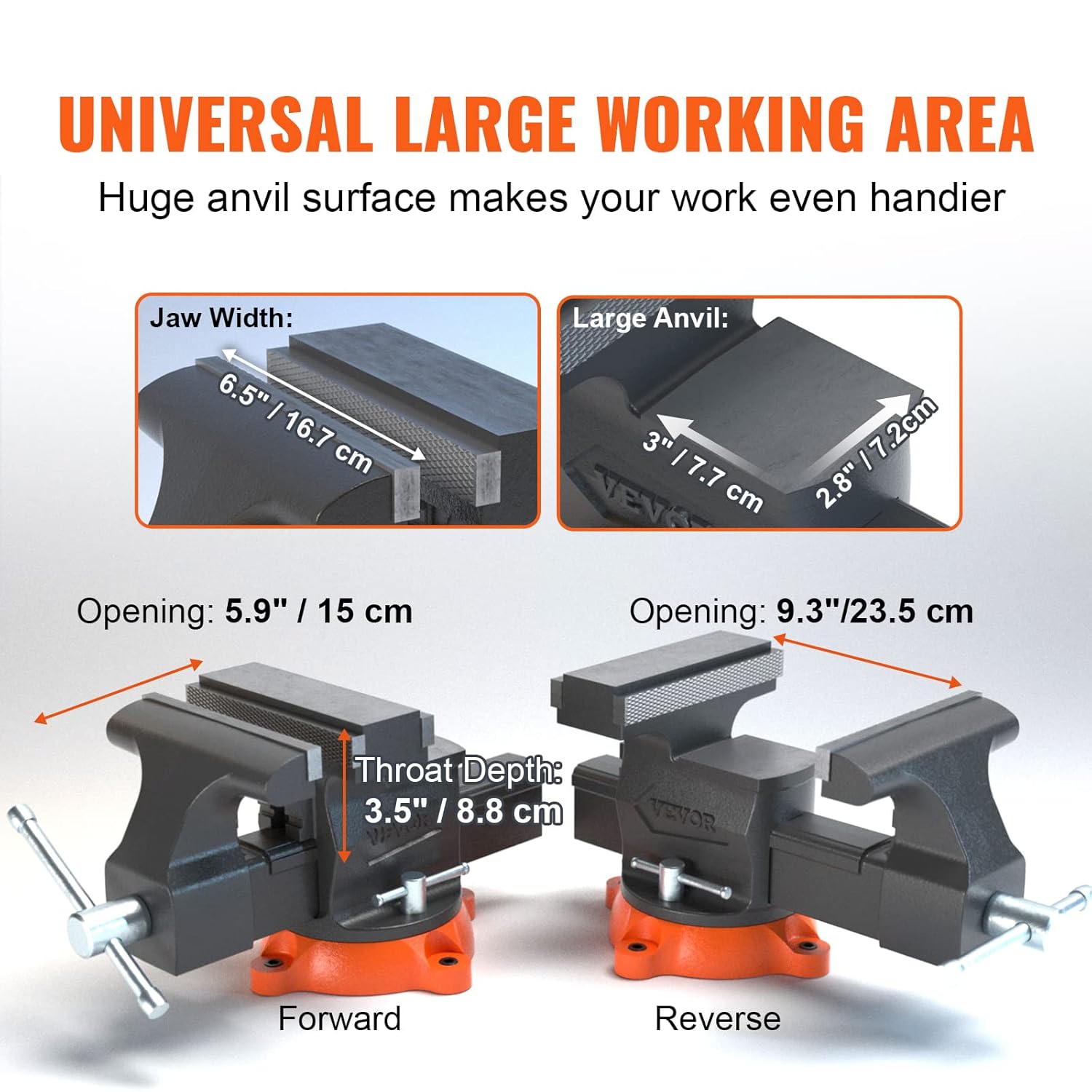 VEVOR Bench Vise, 6.5" Jaw Width 6.5" Forward &9.3" Reverse Opening, 360-Degree Swivel Locking Base Multipurpose Workbench with Anvil, Heavy Duty Ductile Iron with Bolts & Nuts, for Drilling, Pipe Cut-2