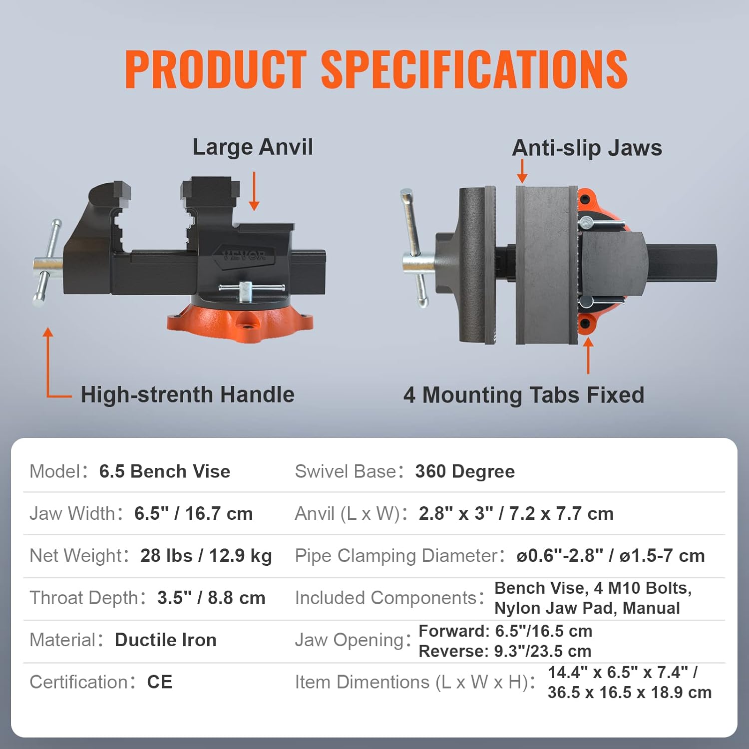 VEVOR Bench Vise, 6.5" Jaw Width 6.5" Forward &9.3" Reverse Opening, 360-Degree Swivel Locking Base Multipurpose Workbench with Anvil, Heavy Duty Ductile Iron with Bolts & Nuts, for Drilling, Pipe Cut-6