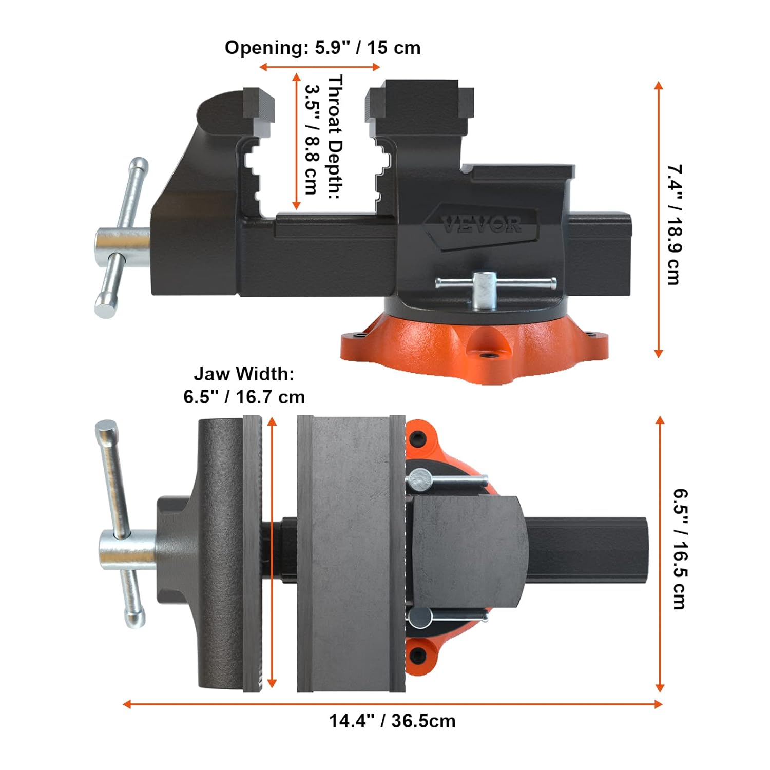 VEVOR Bench Vise, 6.5" Jaw Width 6.5" Forward &9.3" Reverse Opening, 360-Degree Swivel Locking Base Multipurpose Workbench with Anvil, Heavy Duty Ductile Iron with Bolts & Nuts, for Drilling, Pipe Cut-7