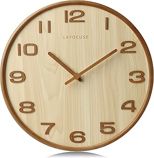 Lafocuse 3D Silent Solid Wooden Frame Beige Wall Clock Battery Operated Non Ticking, Retro Quartz Decorative Kitchen Wall Clock for Living Room Modern Office Bedroom Home Decor 12 Inch