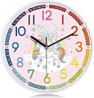 Lafocuse Silent Telling Time Teaching Clock 12 Inch,Learning Pink Wall Clock for Kids,Girls Children Non-Ticking Quartz Decorative Wall Clocks for Bedrooms Living Room Classroom