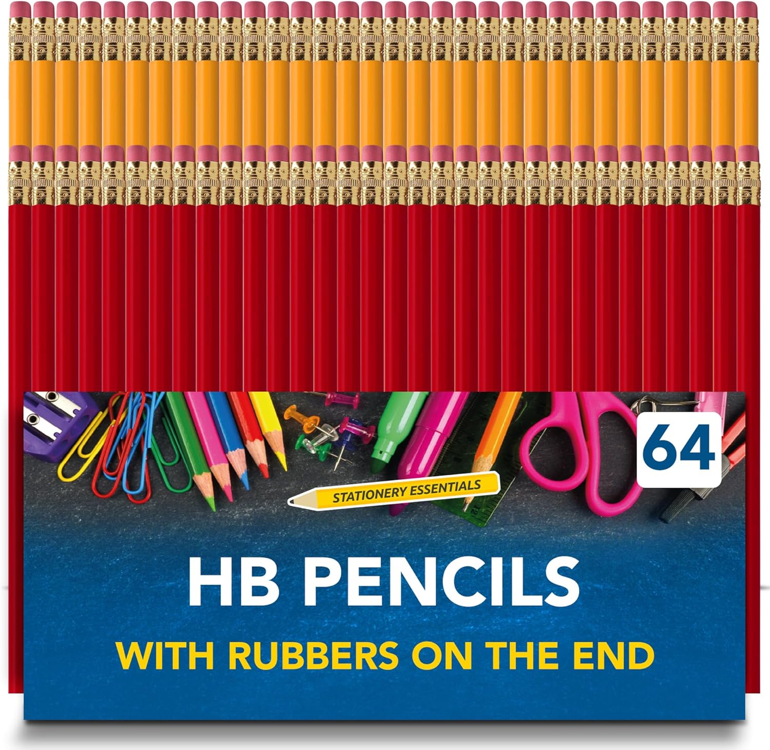 SOL 64pk HB Pencils With Rubbers On The End | HB Pencil Pack with Erasers | Writing Pencils for Children I Kids Pencils for School Supplies I School Pencils for Party Bag | Pack of Pencils-0