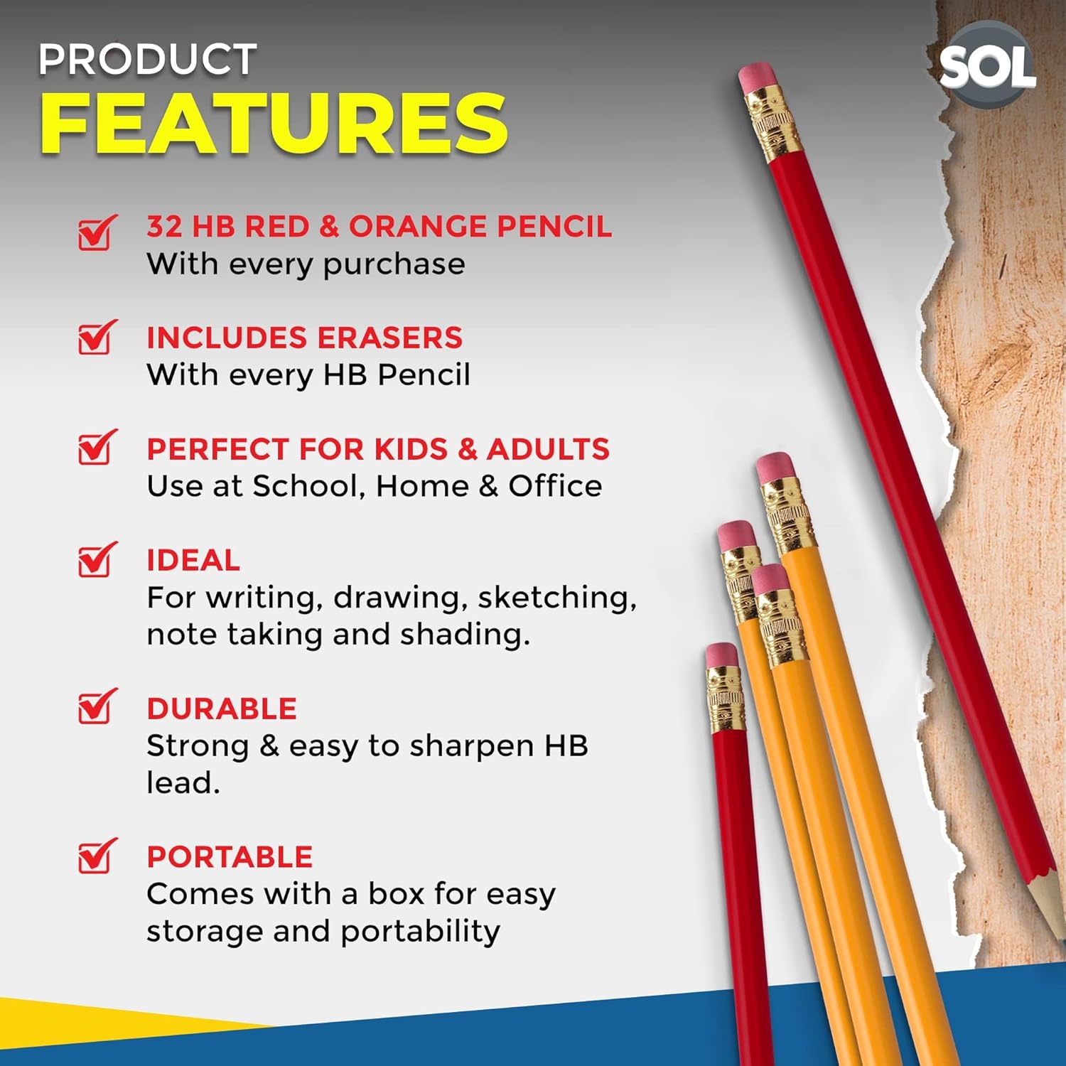 SOL 64pk HB Pencils With Rubbers On The End | HB Pencil Pack with Erasers | Writing Pencils for Children I Kids Pencils for School Supplies I School Pencils for Party Bag | Pack of Pencils-3