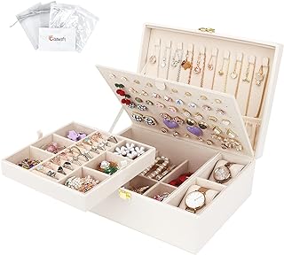 Casiwaft Jewellery Box Organiser for Necklaces Earrings Bracelets Rings Watches, 2 layer Large PU Leather Travel Jewelry Storage Case with Removable Tray and Large Stud Plate, White