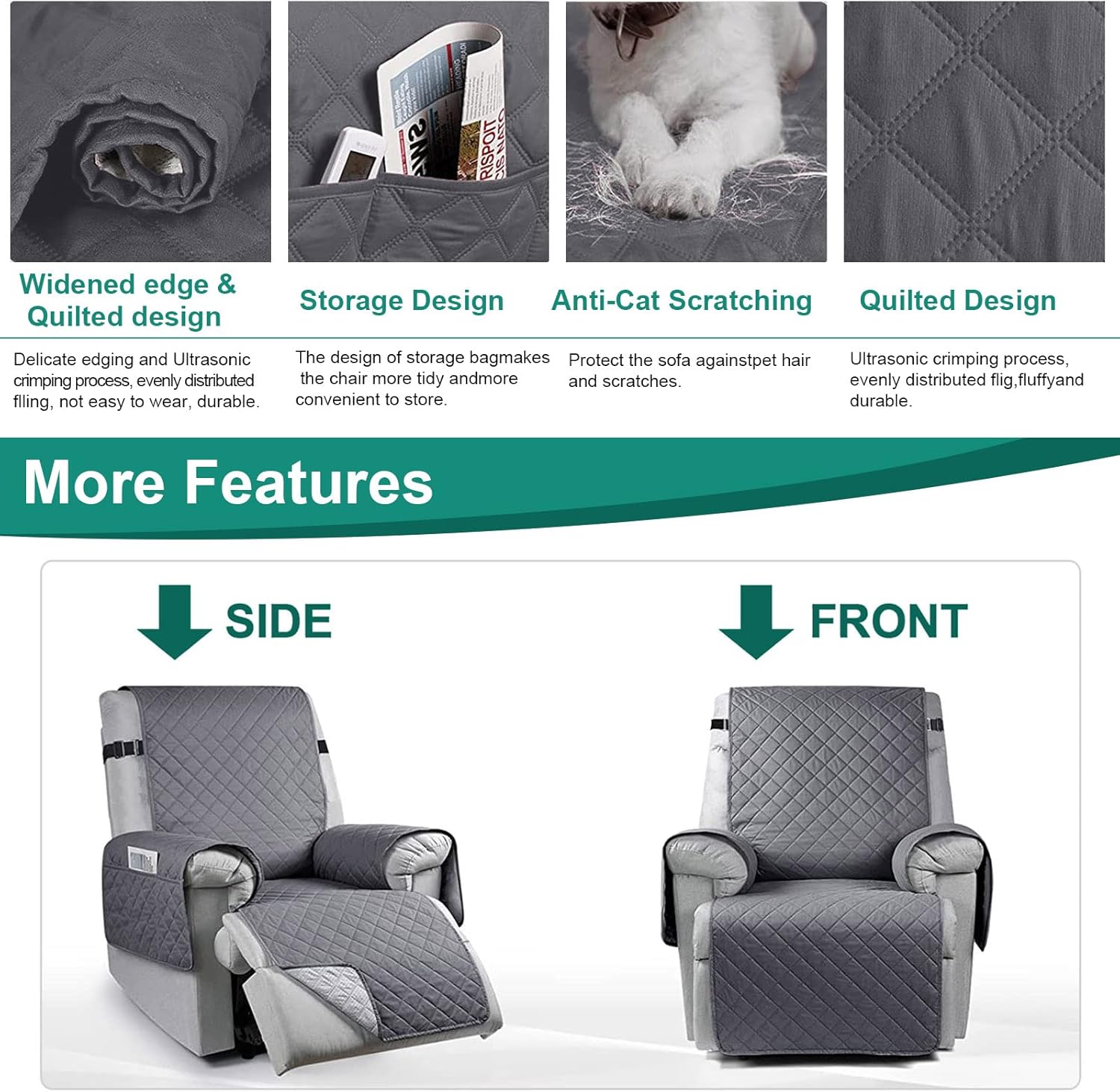 Recliner Sofa Cover with 6 Side Pockets, Waterproof 1 Seats Recliner Chair Cover with Adjustable Tightening Straps, Recliner Chair slipcover for Armchairs, Non-slip Recliner Protect Cover for Pets-2