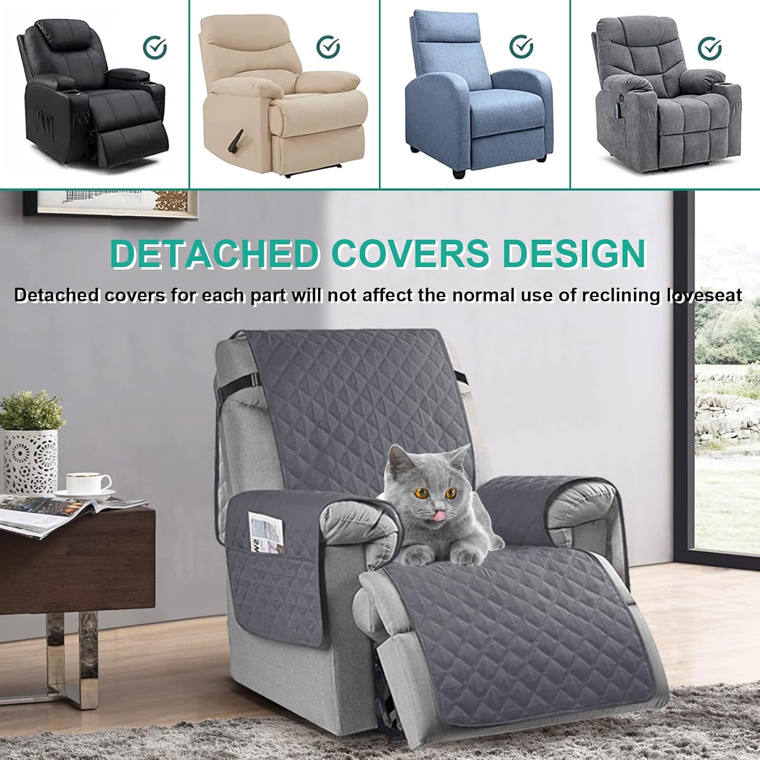 Recliner Sofa Cover with 6 Side Pockets, Waterproof 1 Seats Recliner Chair Cover with Adjustable Tightening Straps, Recliner Chair slipcover for Armchairs, Non-slip Recliner Protect Cover for Pets-4