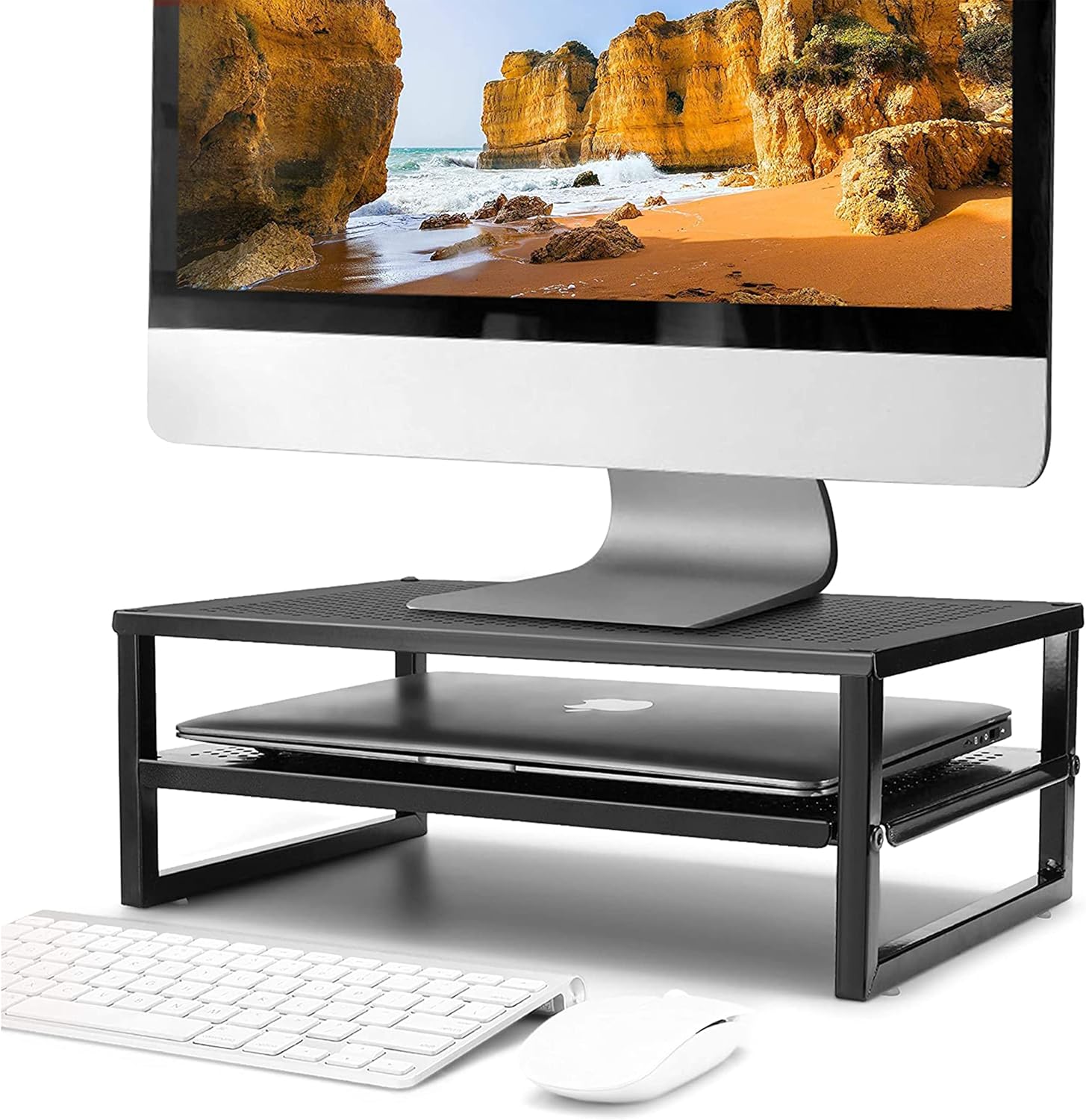 Amtido Metal Monitor Stand Riser with Extra Shelf | Ideal for PC Screen, Laptop, and Computer Use in Home and Office | Vented Design | Black-4