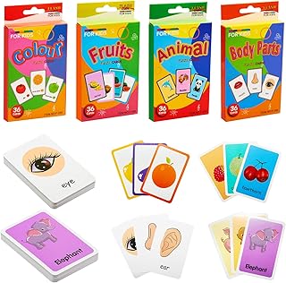 TOPBELIEF 144 Pieces Educational Toddler Flash Cards, 4 Pack Preschool Early Learning, Animal Colour Fruits Body Parts for Object Recognition Alphabet Reading & Spelling (36 Pcs/Pack), YYB2992D004UK