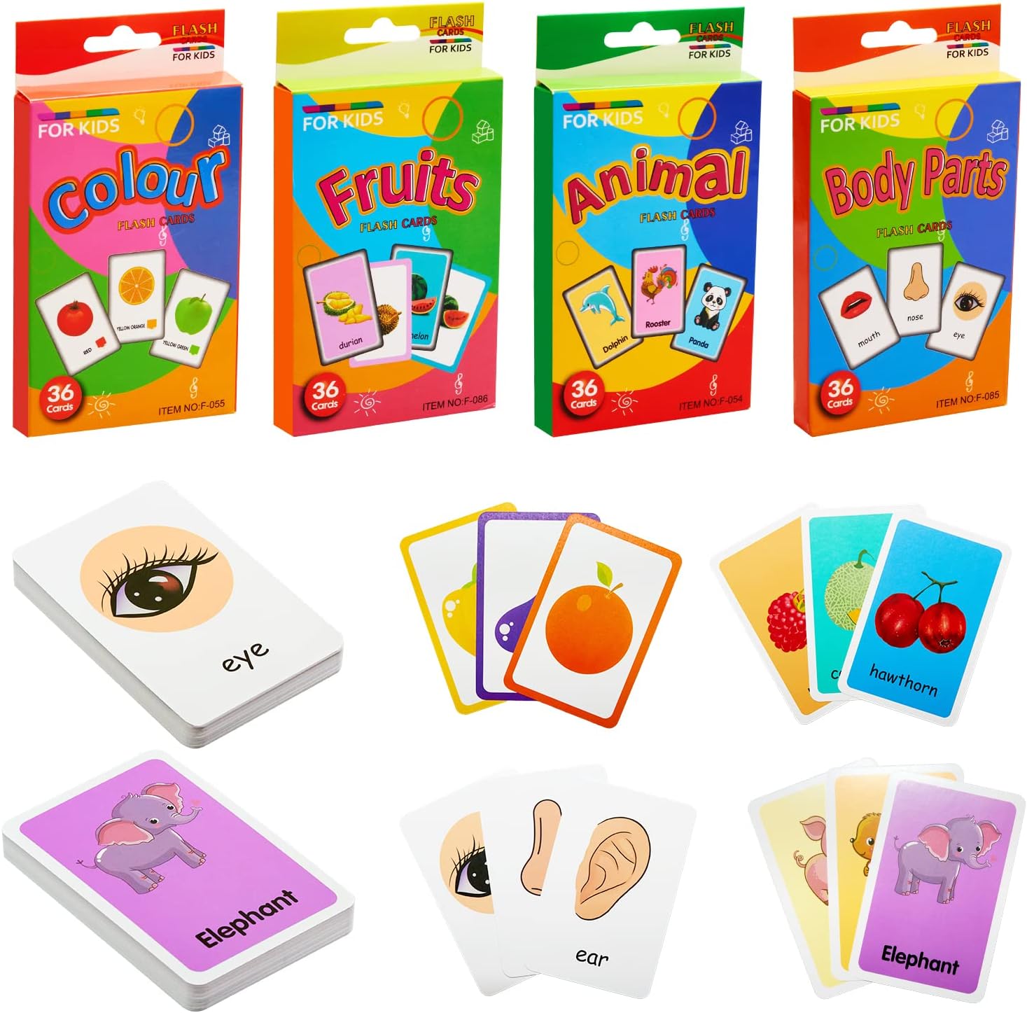 TOPBELIEF 144 Pieces Educational Toddler Flash Cards, 4 Pack Preschool Early Learning, Animal Colour Fruits Body Parts for Object Recognition Alphabet Reading & Spelling (36 Pcs/Pack), YYB2992D004UK-0