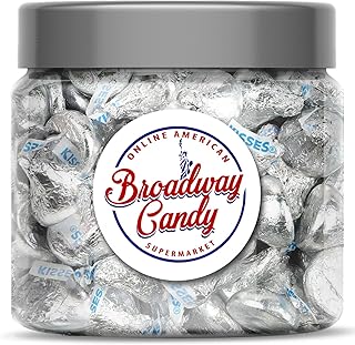 Broadway Candy Sweets Jar 600g - Hershey’s Kisses Original - Individually Wrapped American Sweets - Bite-Sized Chocolates in Silver - Approximately 120 Pieces