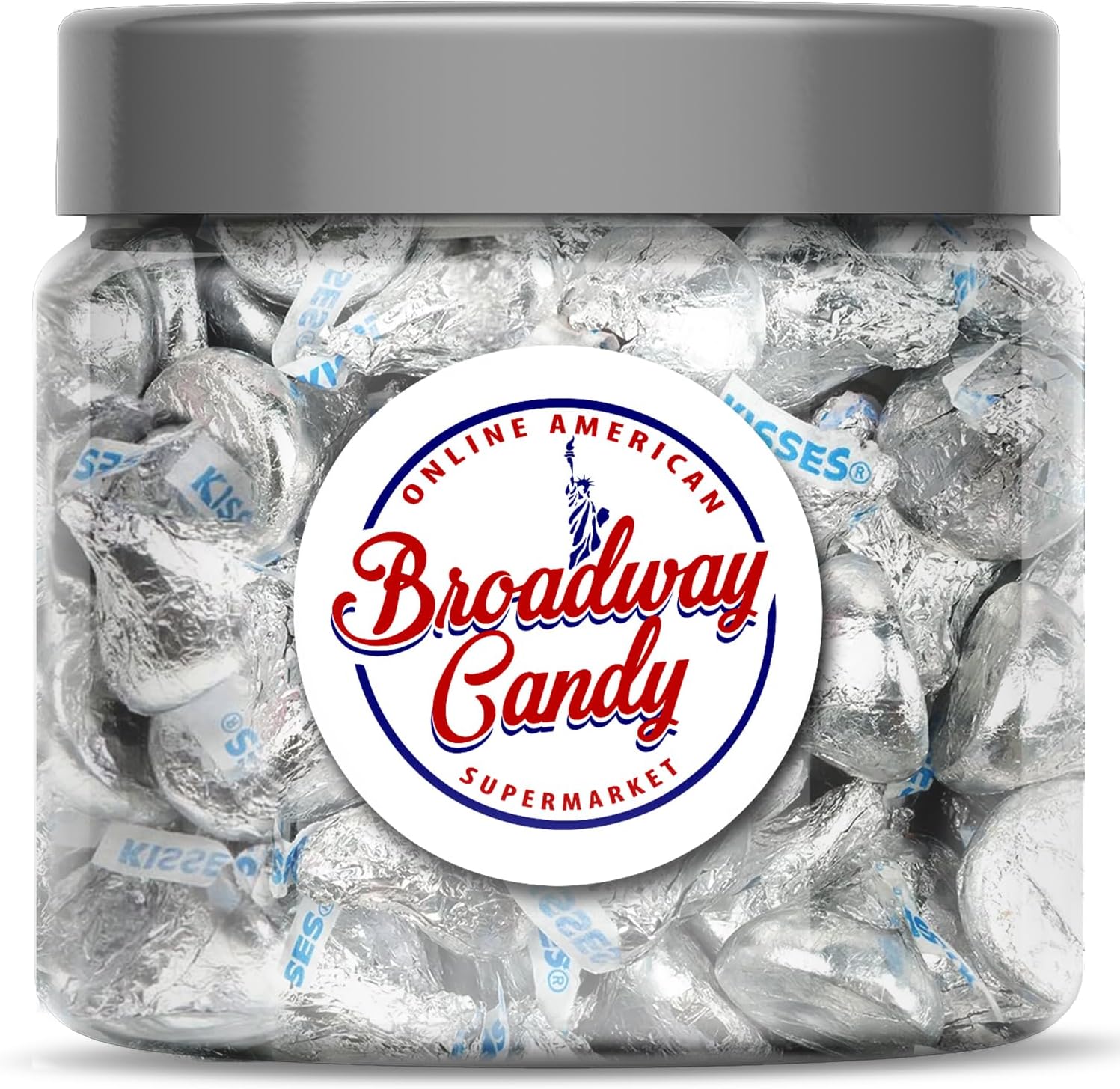 Broadway Candy Sweets Jar 600g - Hershey’s Kisses Original - Individually Wrapped American Sweets - Bite-Sized Chocolates in Silver - Approximately 120 Pieces-0