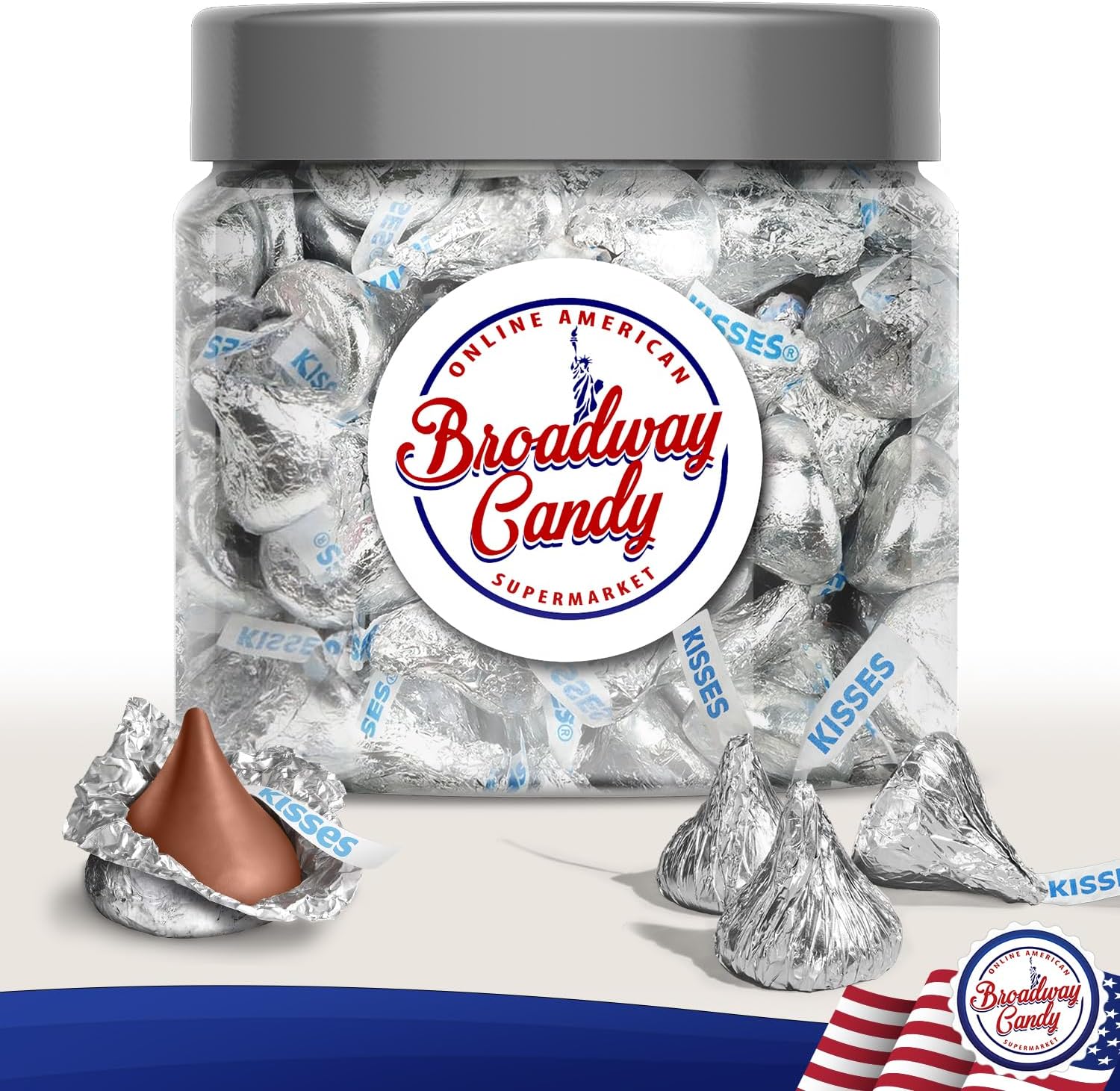 Broadway Candy Sweets Jar 600g - Hershey’s Kisses Original - Individually Wrapped American Sweets - Bite-Sized Chocolates in Silver - Approximately 120 Pieces-1