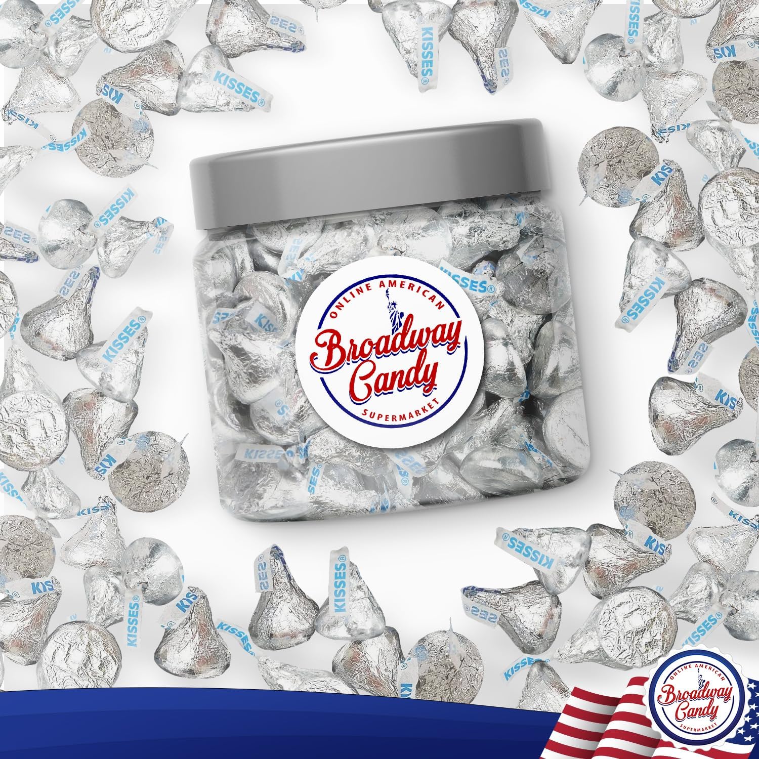 Broadway Candy Sweets Jar 600g - Hershey’s Kisses Original - Individually Wrapped American Sweets - Bite-Sized Chocolates in Silver - Approximately 120 Pieces-2