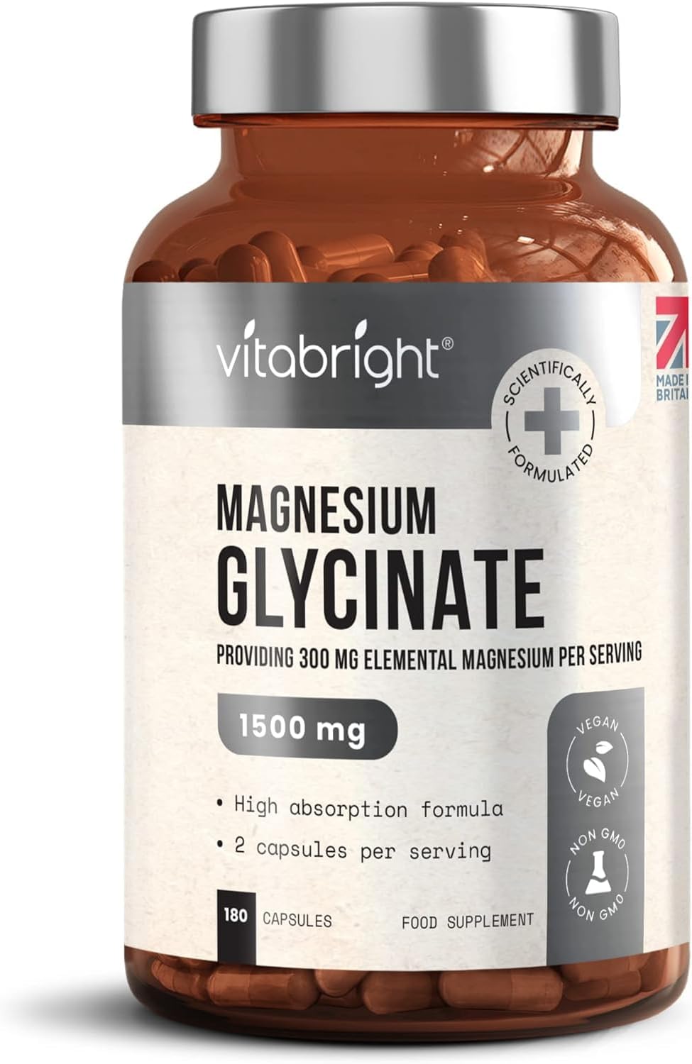 Chelated Magnesium Glycinate 300mg Elemental Magnesium (1500mg Magnesium Bisglycinate) 180 Magnesium Capsules x2 Day, High Strength Magnesium Supplements for Sleep, VitaBright Pure Magnesium Glycinate-0