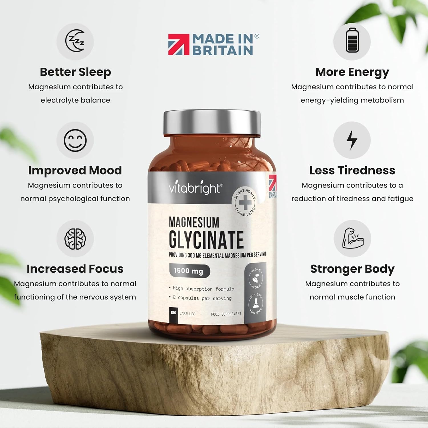 Chelated Magnesium Glycinate 300mg Elemental Magnesium (1500mg Magnesium Bisglycinate) 180 Magnesium Capsules x2 Day, High Strength Magnesium Supplements for Sleep, VitaBright Pure Magnesium Glycinate-3