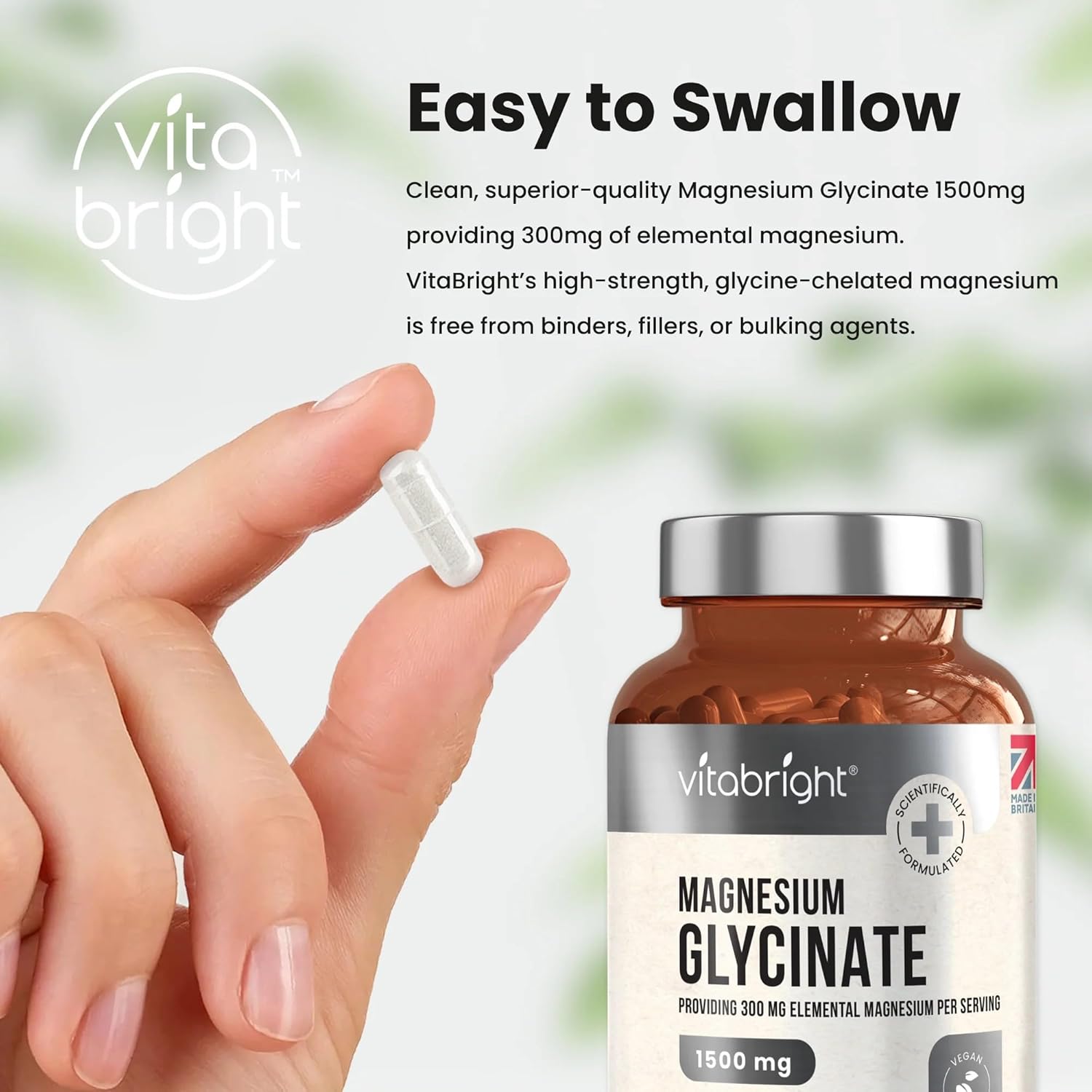 Chelated Magnesium Glycinate 300mg Elemental Magnesium (1500mg Magnesium Bisglycinate) 180 Magnesium Capsules x2 Day, High Strength Magnesium Supplements for Sleep, VitaBright Pure Magnesium Glycinate-6