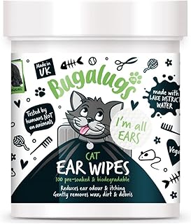 BUGALUGS Cat Ear Cleaner Cat Wipes 100 Biodegradable textured pre-soaked cat ear wipes. Pet Wipes Cat Ear Cleaner Solution Stops Head Shaking, Itching & Waxy Ears (100 Wipes)