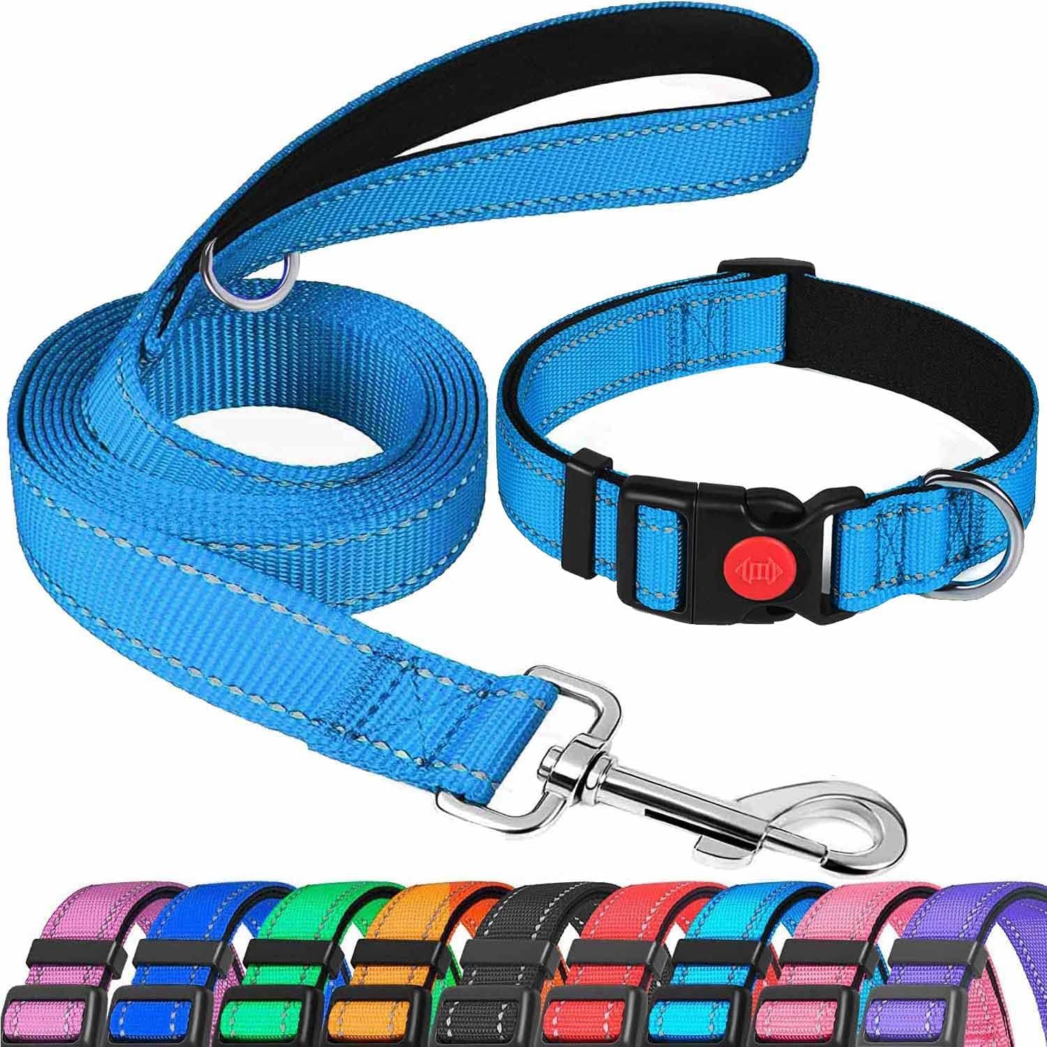 ATETEO Dog Collar,Padded Handle Dog Lead,Double-Sided Reflective Nylon Dog Leash for Training,Walking Leash for Large Dogs,Light Blue(2in1),L:Lead:1.8m x2.5cm (Collar:17.7-27.5 in)-0