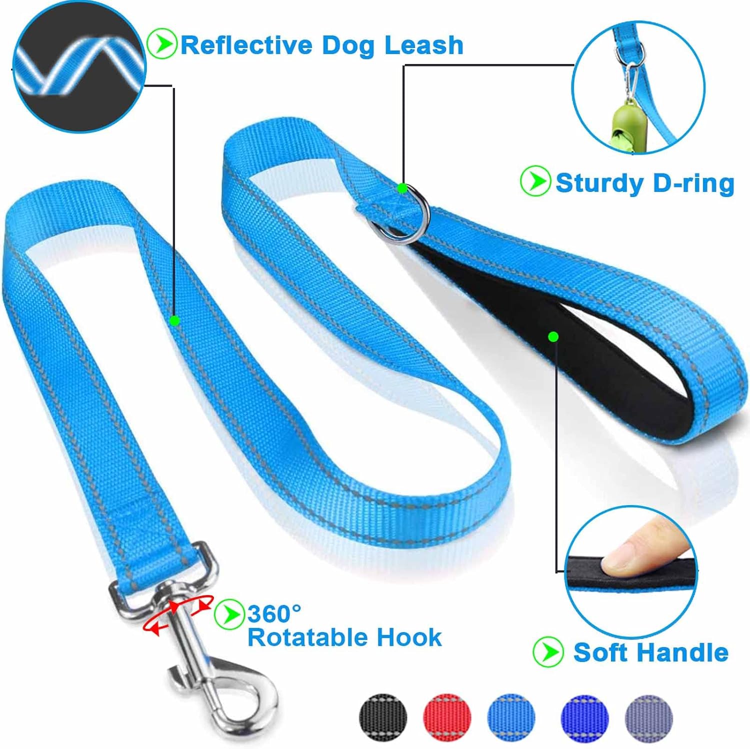 ATETEO Dog Collar,Padded Handle Dog Lead,Double-Sided Reflective Nylon Dog Leash for Training,Walking Leash for Large Dogs,Light Blue(2in1),L:Lead:1.8m x2.5cm (Collar:17.7-27.5 in)-1