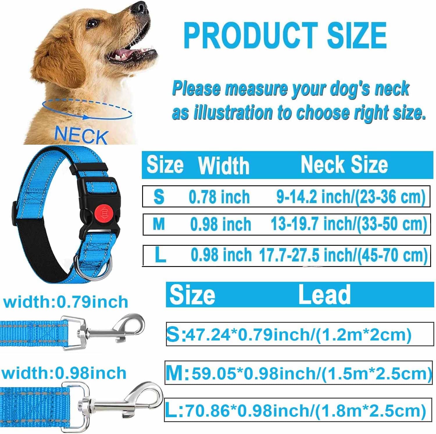 ATETEO Dog Collar,Padded Handle Dog Lead,Double-Sided Reflective Nylon Dog Leash for Training,Walking Leash for Large Dogs,Light Blue(2in1),L:Lead:1.8m x2.5cm (Collar:17.7-27.5 in)-2