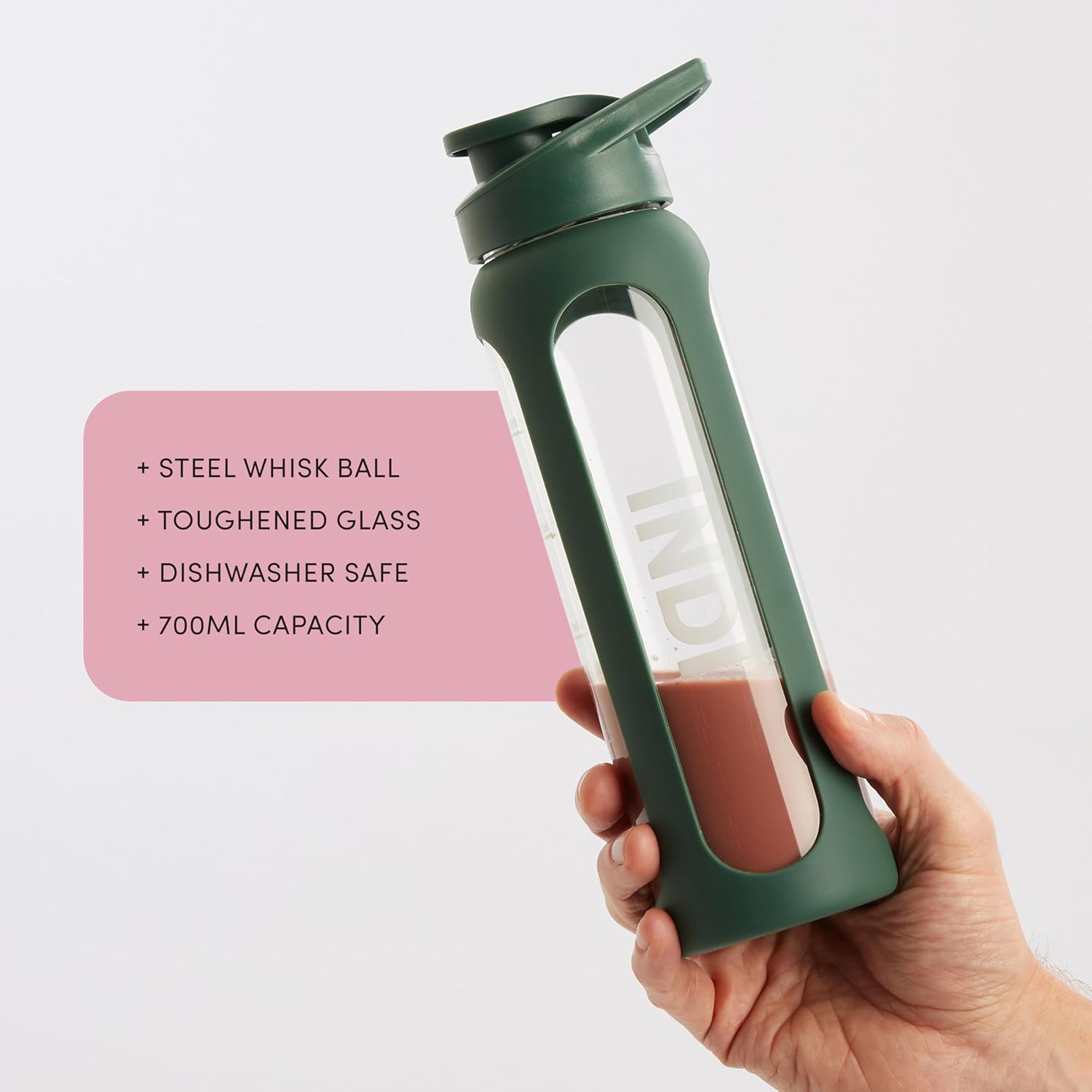 Indi Protein Shaker Bottle 700ml with Stainless Steel Mixball - Clear Smoothie Bottle with Green Silicone Casing - Shaker For Protein Shakes and Supplement Drinks - Toughened Glass, Dishwasher Safe-1