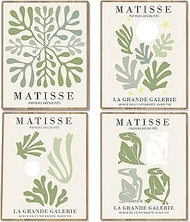 Udewo Sage Green Wall Art Prints Set of 4 Plant Prints, Unframed Room Decor Aesthetic Botanical Wall Art Canvas Poster Abstract Matisse Wall Art Posters for Bedroom Living Room Bathroom Decor 8x10inch