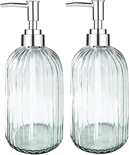 VAKOWOO 2 Pack Glass Soap Dispenser with Pump, 14 Oz Clear Liquid Hand Soap Dispenser, Refillable Glass Bottle Hand Dish Soap Jar Dispenser for Bathroom, Countertop, Kitchen, Laundry Room