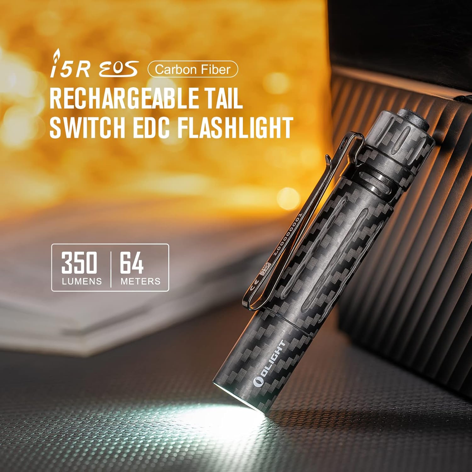 OLIGHT i5R Carbon Fiber Slim Torch 15 or 350 Lumens Powered by USB-C Rechargeable Battery, Tail Switch Torch with Beam Distance 64m, Dual-Output for Camping, Hiking and Every Carry (Carbon Fiber)-1