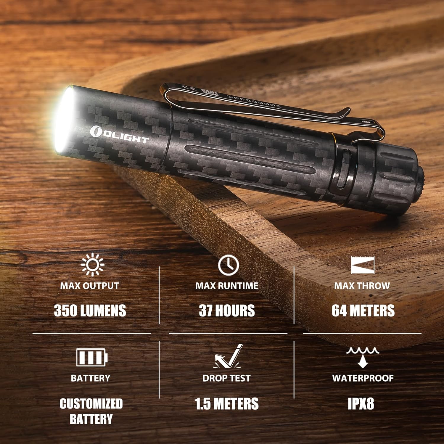 OLIGHT i5R Carbon Fiber Slim Torch 15 or 350 Lumens Powered by USB-C Rechargeable Battery, Tail Switch Torch with Beam Distance 64m, Dual-Output for Camping, Hiking and Every Carry (Carbon Fiber)-2