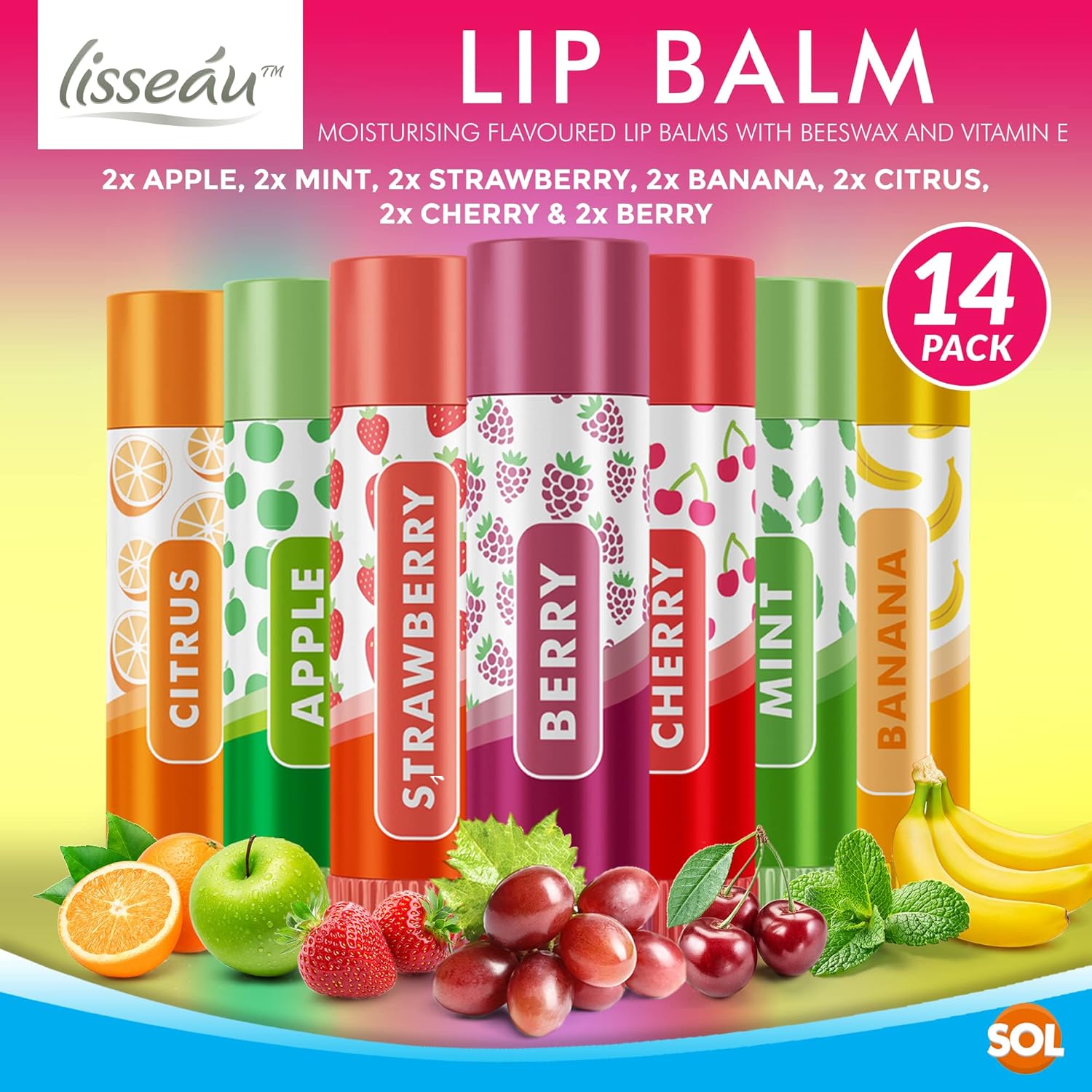 14pk Lip Balm Set | Flavoured Lip Balms with Beeswax and Vitamin E | Moisturising Lip Balm Multipack | Protect & Hydrate Beeswax Lip Balm Stick | Lip Balms | Lipbalm | Lip Moisturiser | Girls Lip Balm-1