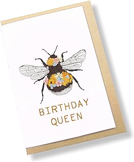 Birthday Queen - Cute and Funny Bumble Bee Greeting Card - Garden Lovers, Vegan Friendly, Happy Birthday Gift