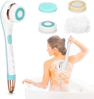 Electric Body Brush, Rechargeable Electric Body Scrubber with Long Handle, Waterproof Facial Body Exfoliating Brush Kit with 4 Brush Heads for Cleansing, Massage, Care Your Skin in The Shower