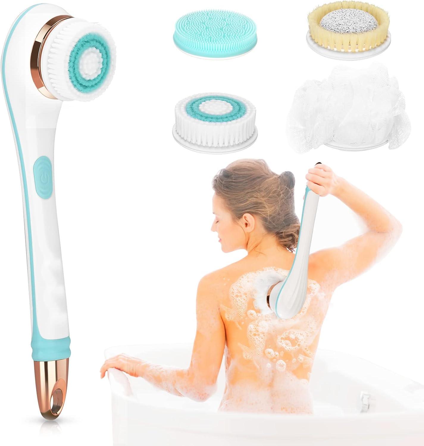 Electric Body Brush, Rechargeable Electric Body Scrubber with Long Handle, Waterproof Facial Body Exfoliating Brush Kit with 4 Brush Heads for Cleansing, Massage, Care Your Skin in The Shower-0