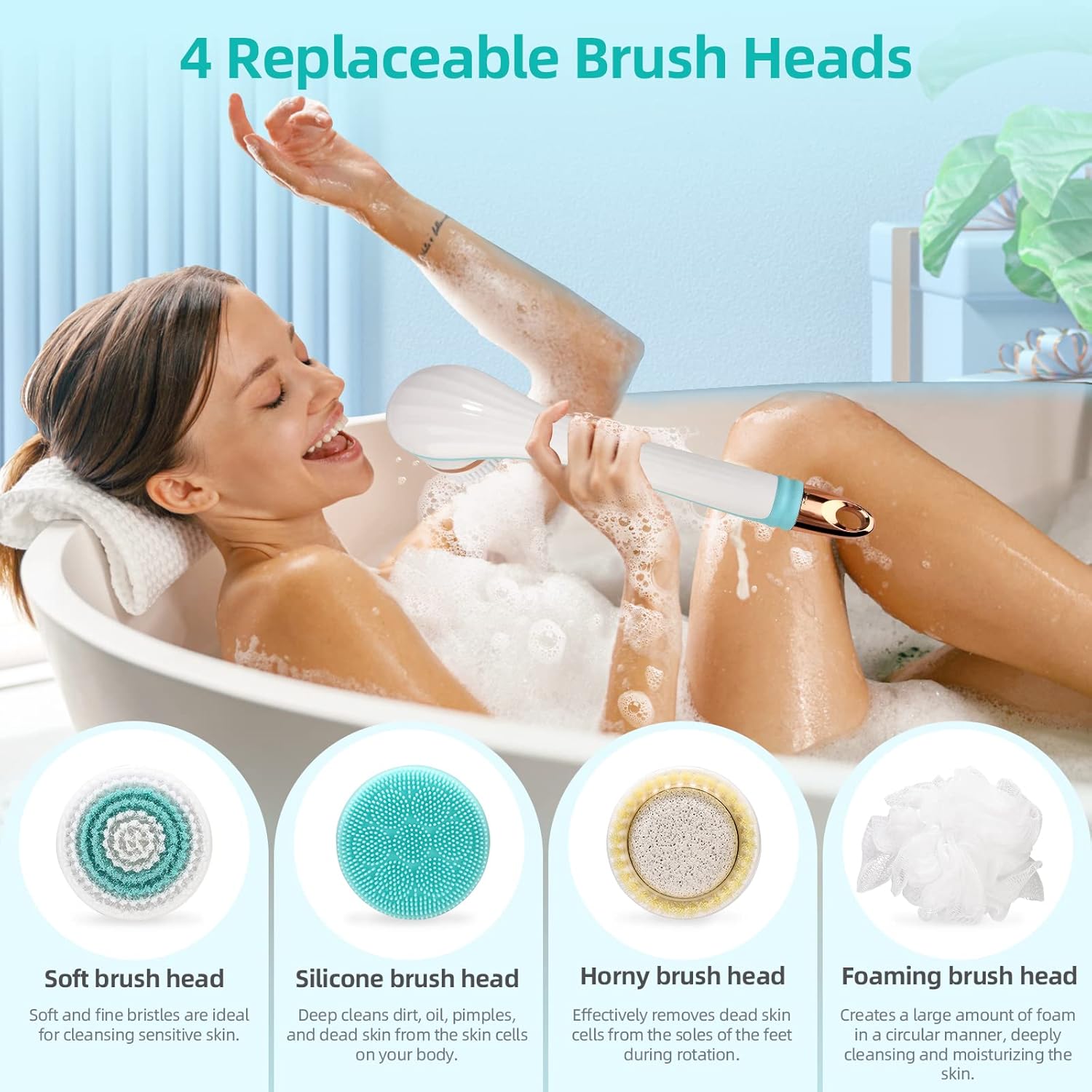 Electric Body Brush, Rechargeable Electric Body Scrubber with Long Handle, Waterproof Facial Body Exfoliating Brush Kit with 4 Brush Heads for Cleansing, Massage, Care Your Skin in The Shower-1