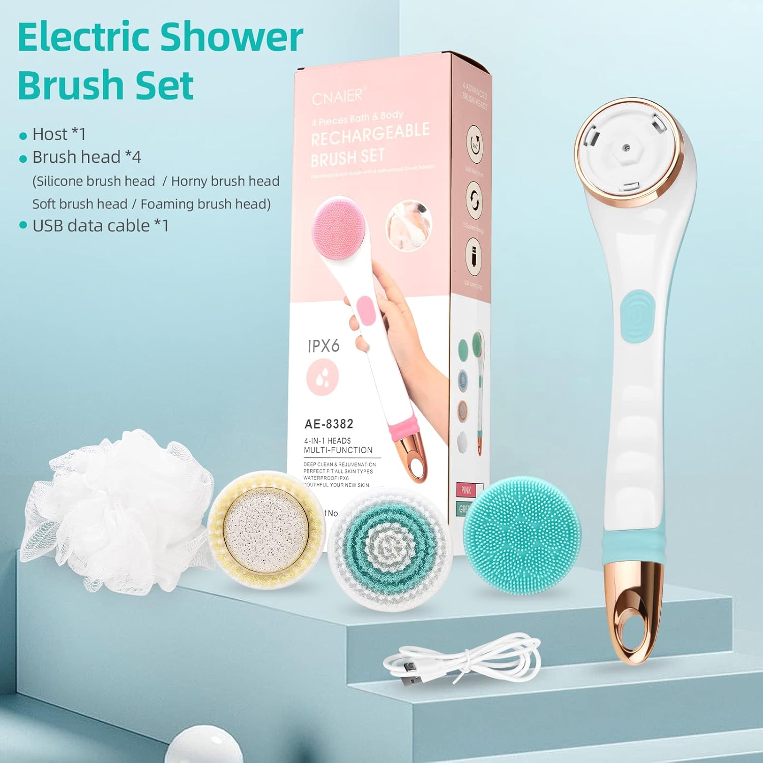 Electric Body Brush, Rechargeable Electric Body Scrubber with Long Handle, Waterproof Facial Body Exfoliating Brush Kit with 4 Brush Heads for Cleansing, Massage, Care Your Skin in The Shower-2