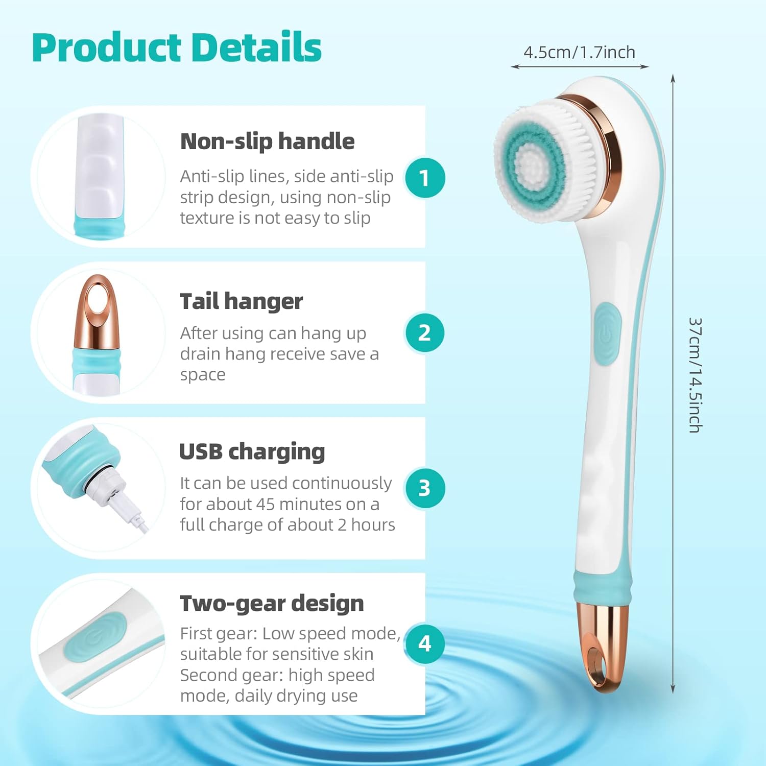 Electric Body Brush, Rechargeable Electric Body Scrubber with Long Handle, Waterproof Facial Body Exfoliating Brush Kit with 4 Brush Heads for Cleansing, Massage, Care Your Skin in The Shower-4