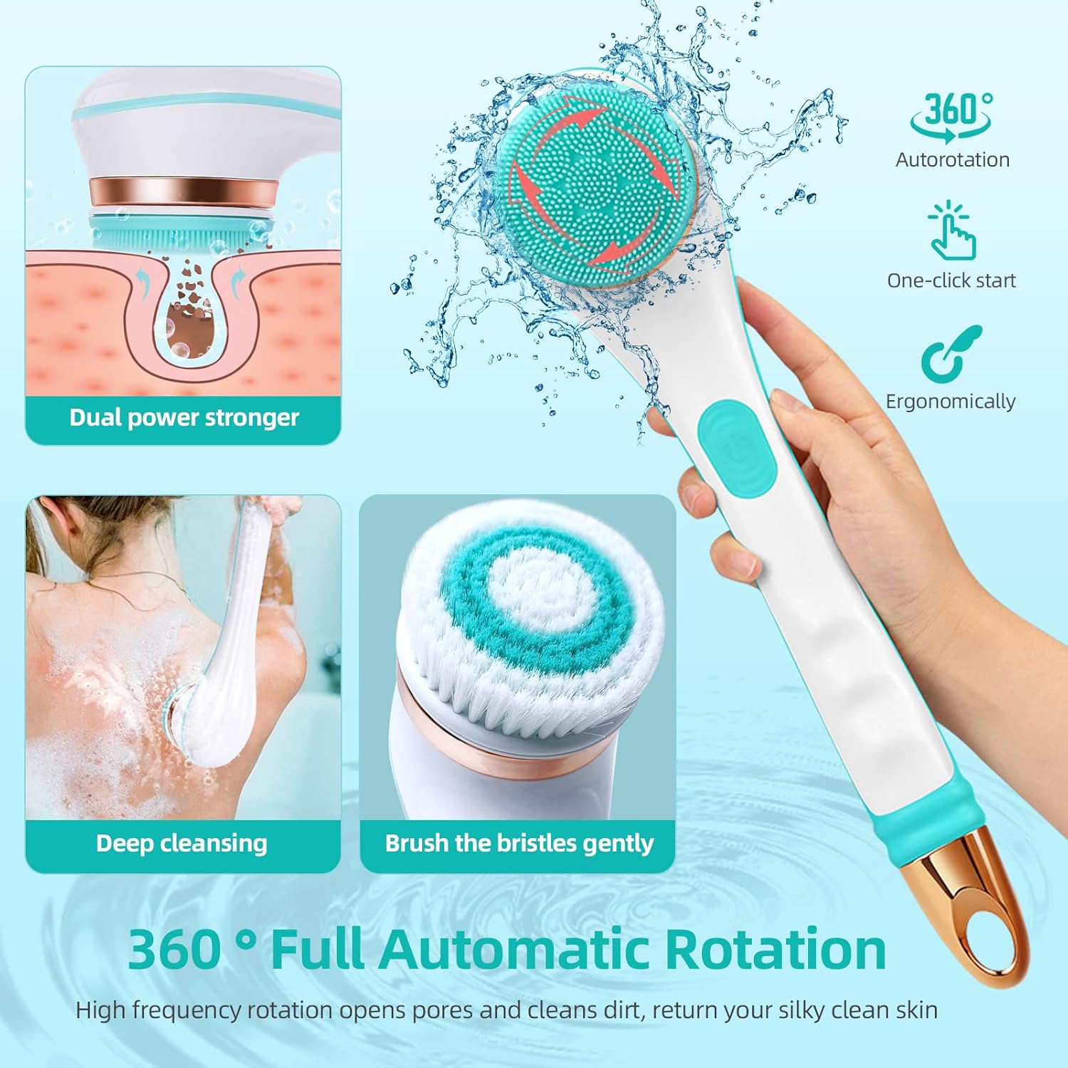 Electric Body Brush, Rechargeable Electric Body Scrubber with Long Handle, Waterproof Facial Body Exfoliating Brush Kit with 4 Brush Heads for Cleansing, Massage, Care Your Skin in The Shower-5