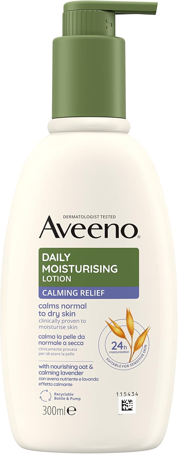 Aveeno Daily Moisturising Lotion Calming Relief (1x 300ml), Soothing Body Lotion with Lavender Scent, Gentle Body Moisturiser, Calms Normal to Dry Skin-0